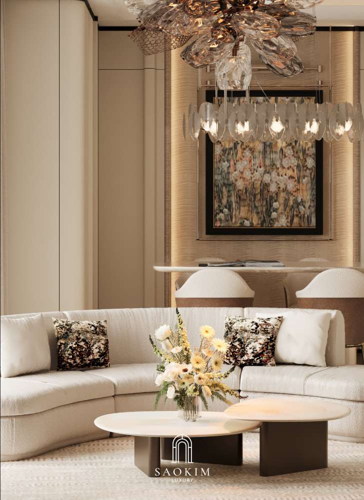 Không gian phòng khách sang trọng trong thiết kế nội thất chung cư cao cấp Lumière Evergreen phong cách Quiet Luxury

